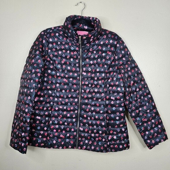 Kate Spade Black & Multicolor Floral Print Zip-Up Puffer Jacket large - Picture 1 of 11